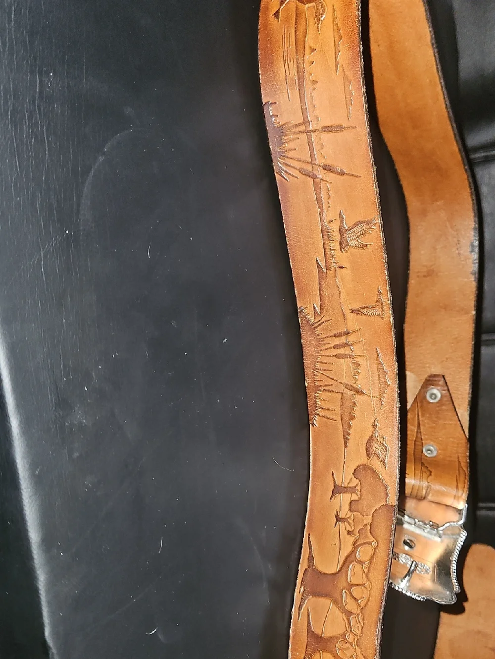 Nocona Brown Leather Western Belt with Decorative Silver-Gold Buckle Size 38